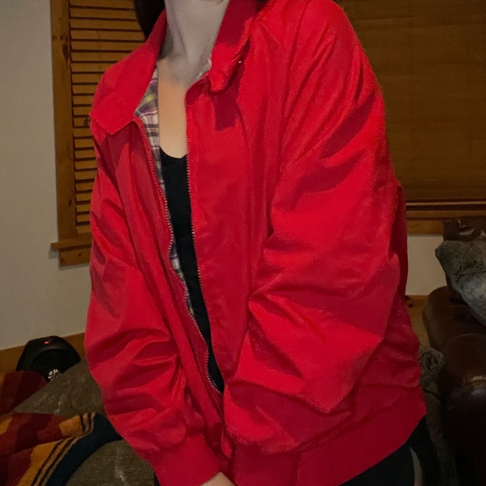 Hill & Archer red zip up jacket 
plaid lining